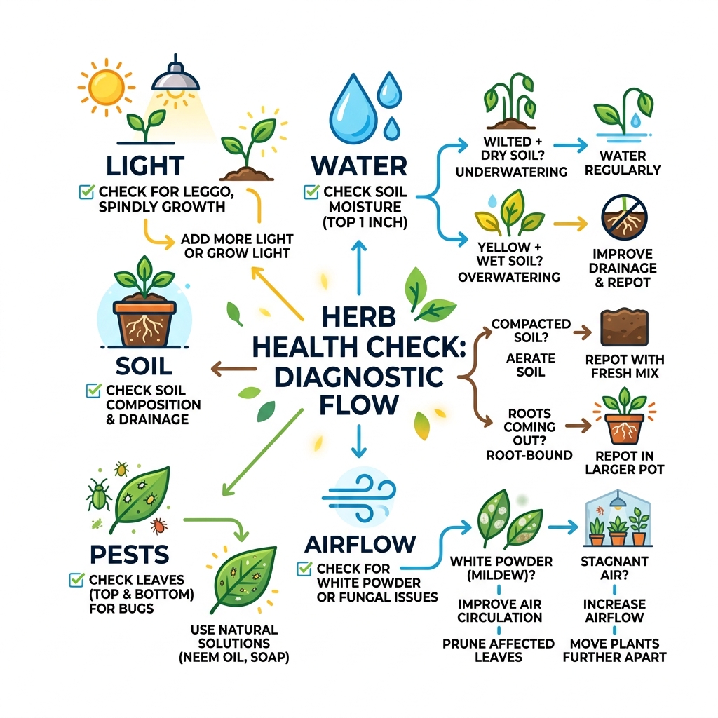 Herb Health Check diagnostic flow: light, water, soil, pests, and airflow checklist for indoor herbs - herb garden