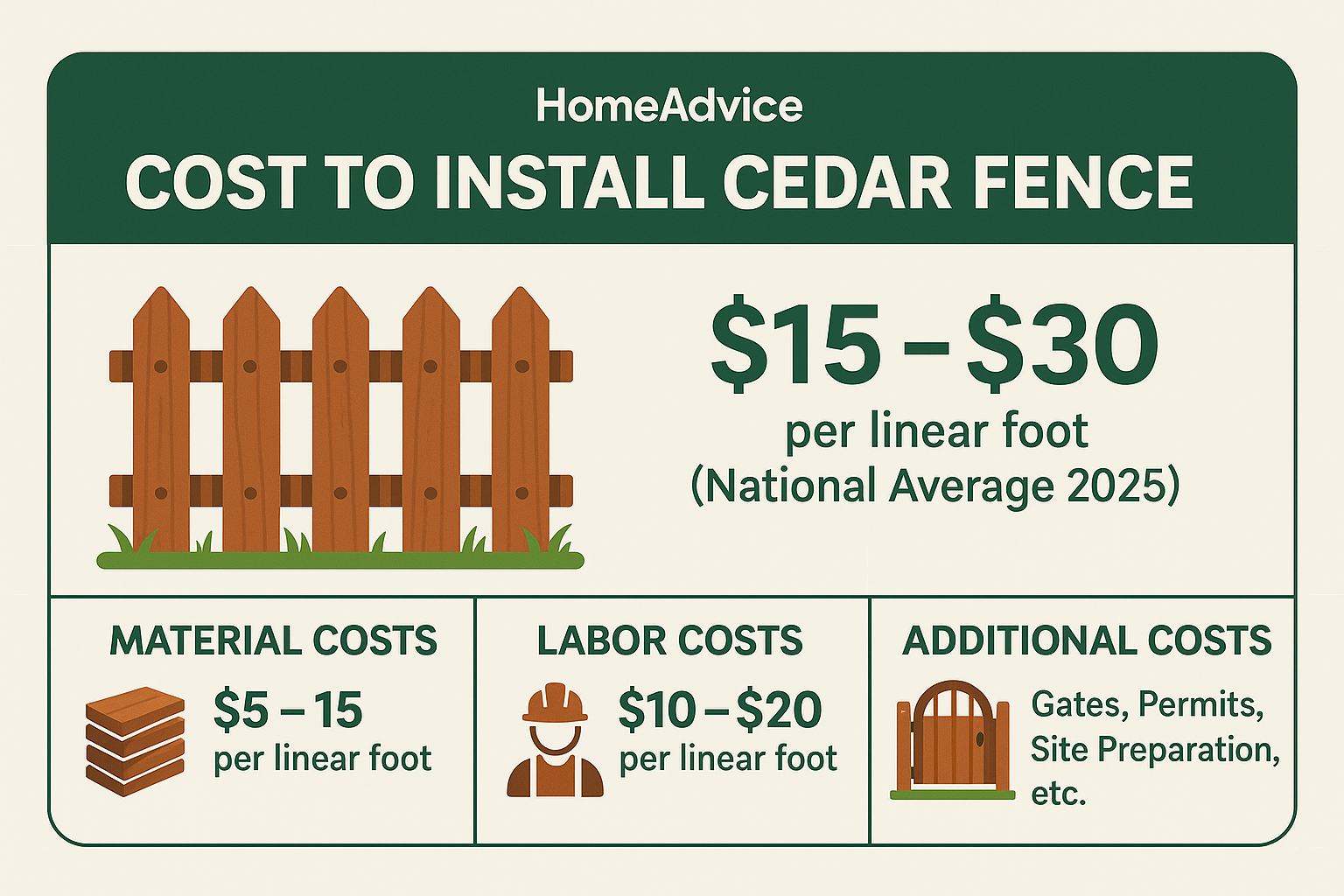 Detailed breakdown of cedar fence installation costs showing material costs, labor costs, and additional expenses like gates, permits, and site preparation with national averages for 2025 - cost to install cedar fence infographic
