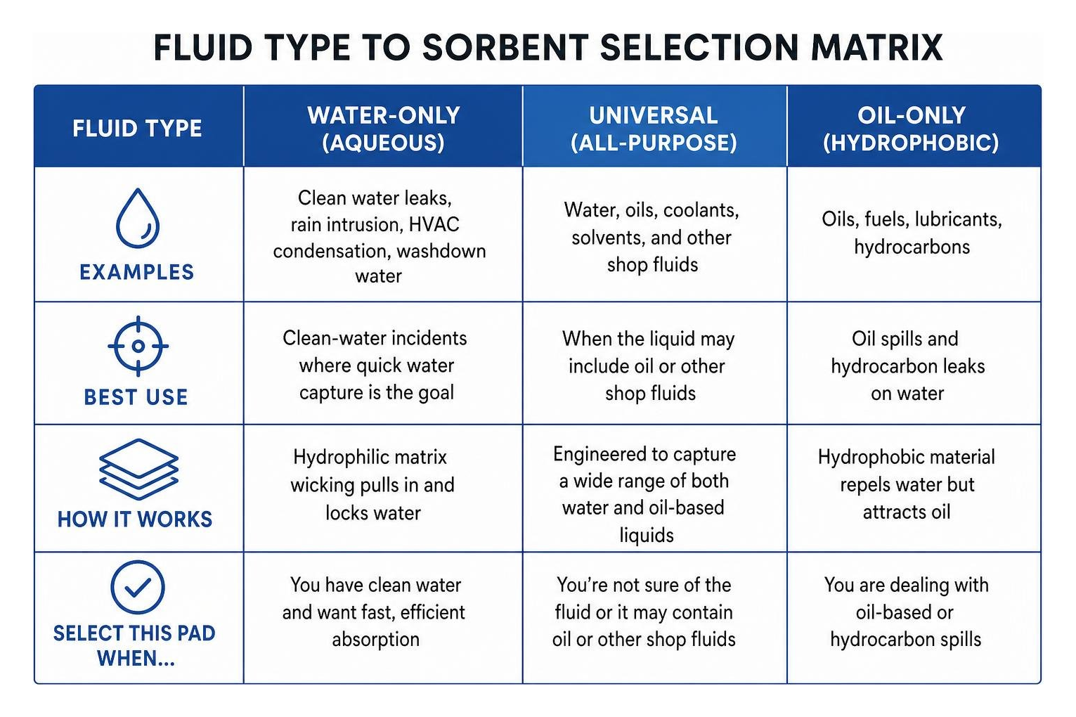 Fluid type to sorbent selection matrix