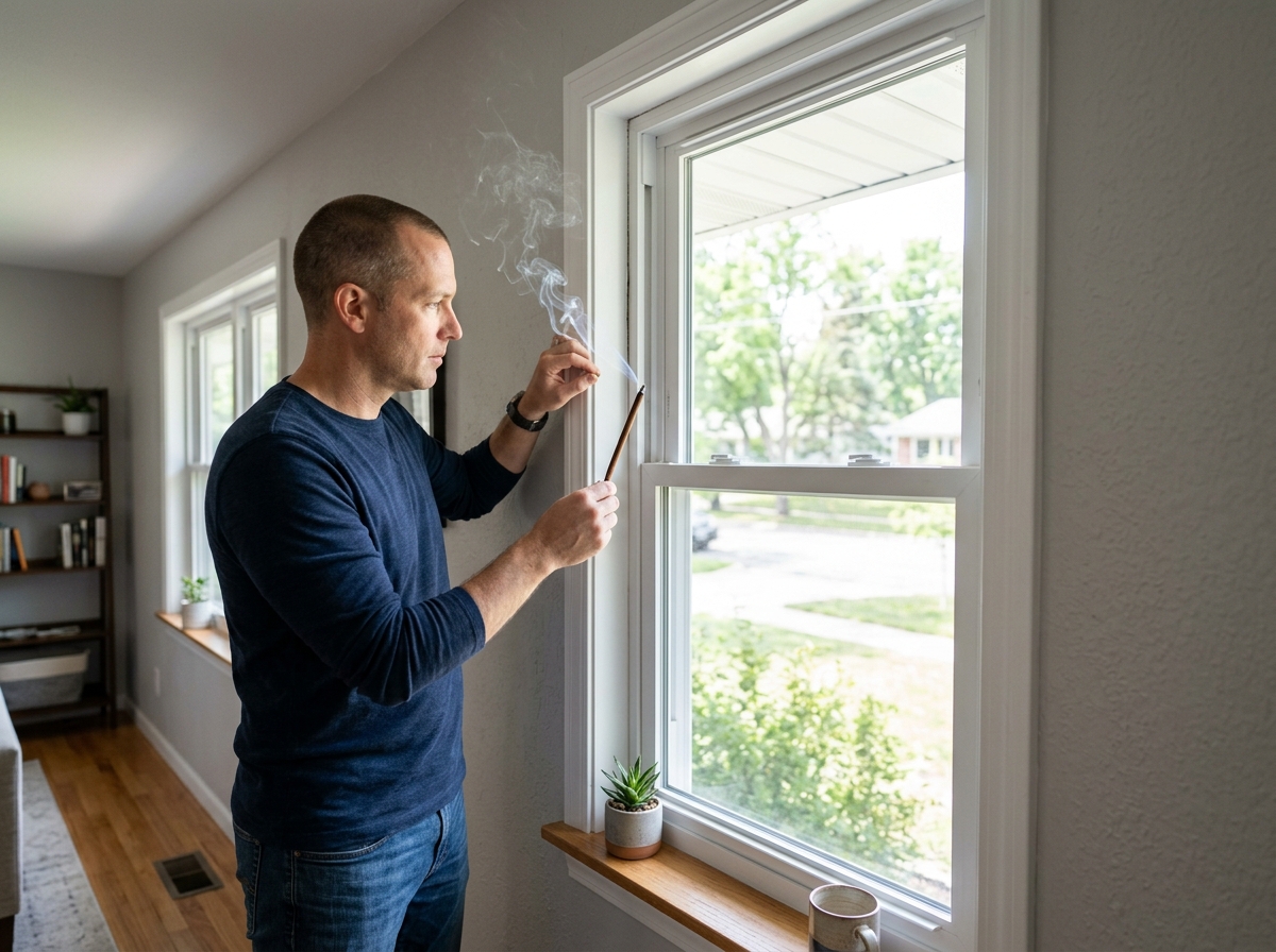 person performing a smoke test around a window frame - best way to draft proof windows