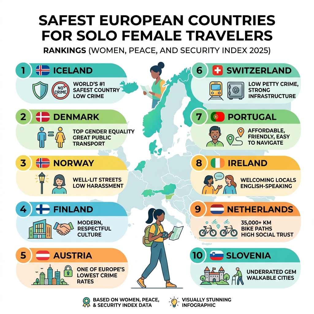2025 Women Peace and Security Index rankings for top European countries for solo female travelers - safest european