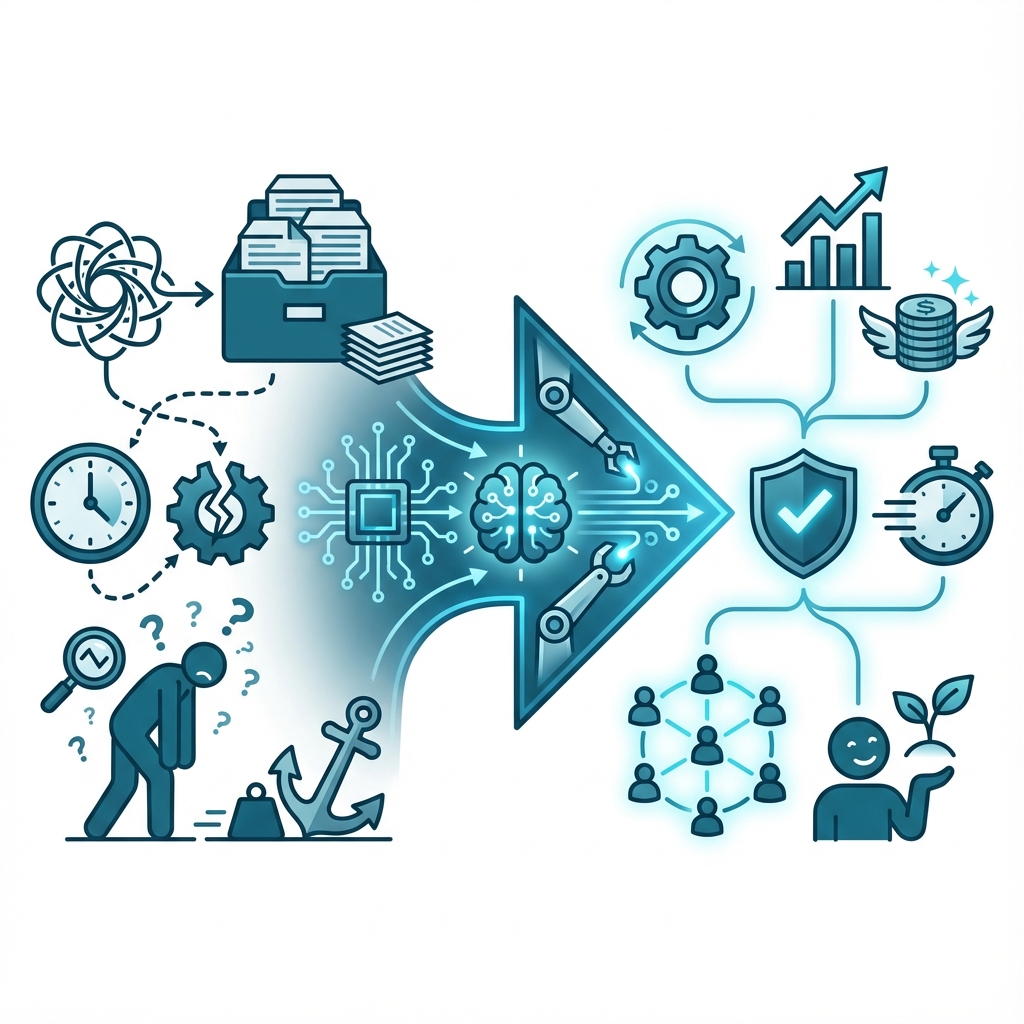 Infographic explaining the flow from manual back office challenges to automated solutions and their benefits - Insurance back office automation infographic