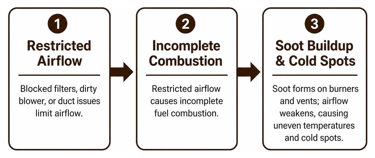 Cause and effect chain showing how restricted airflow causes soot buildup and cold spots