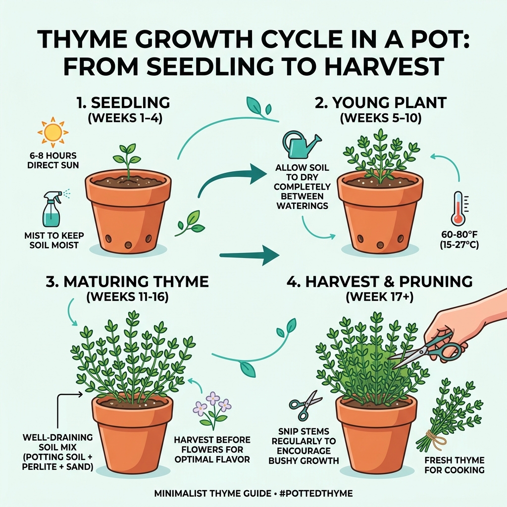 Thyme growth cycle infographic from seedling to harvest in a pot - grow thyme in pots infographic 