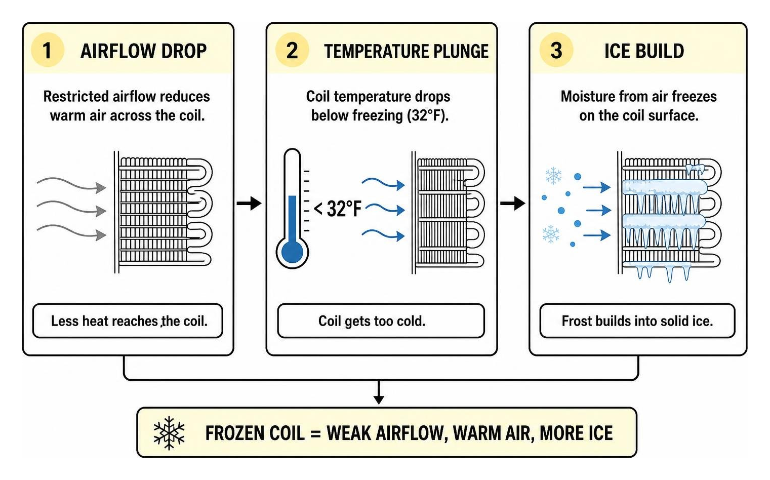 HVAC freeze cycle diagram showing airflow drop, temperature plunge, and ice build HVAC freeze cycle diagram showing airflow drop, temperature plunge, and ice build