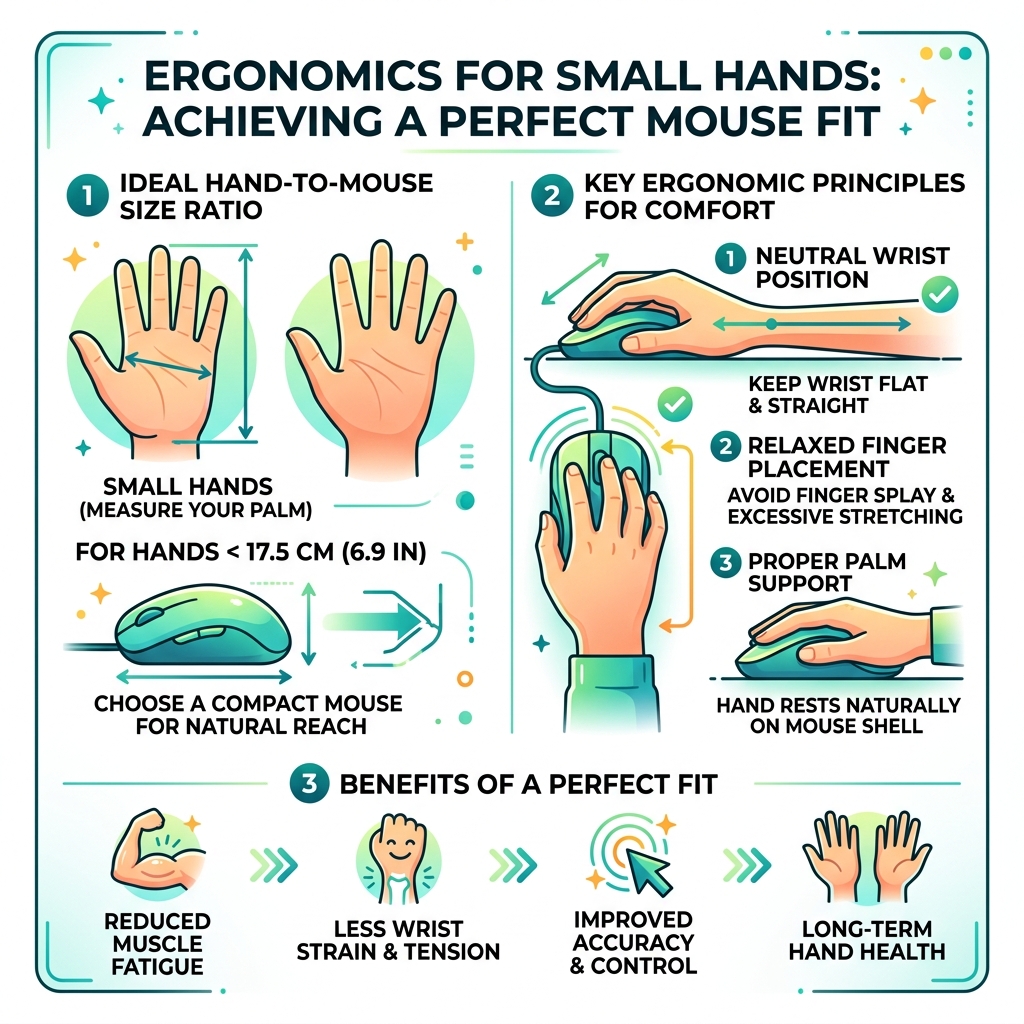 infographic showing hand-to-mouse size ratio, ideal dimensions, and ergonomic posture for small hands - most comfortable