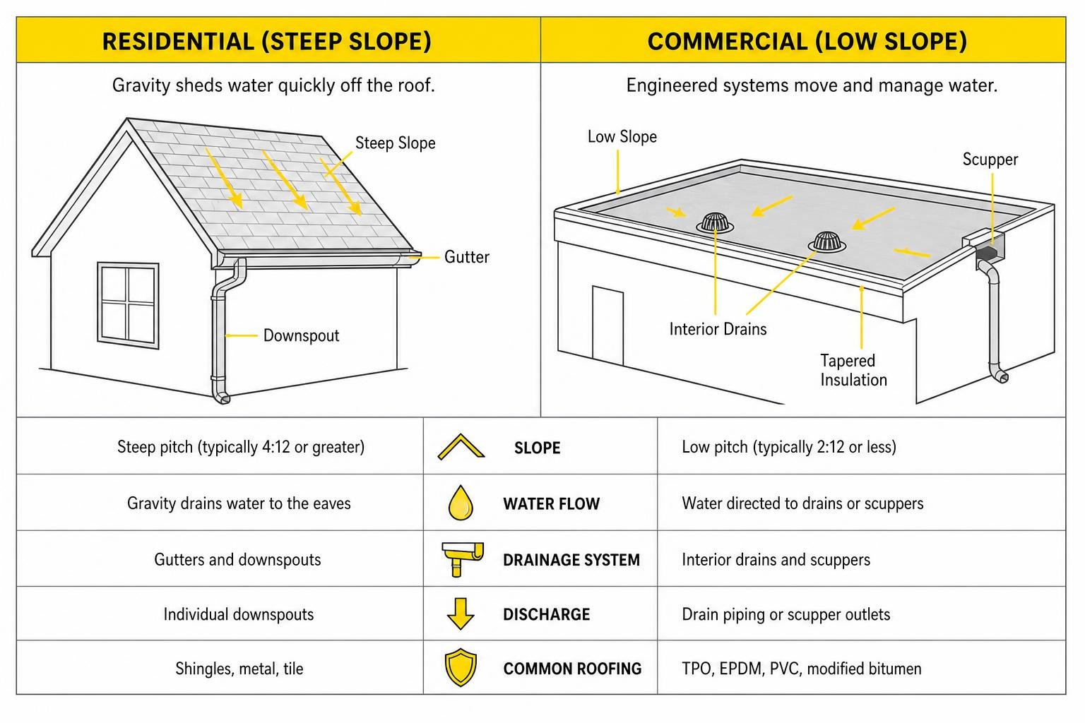 Comparison of residential steep slope and commercial low slope roof drainage designs