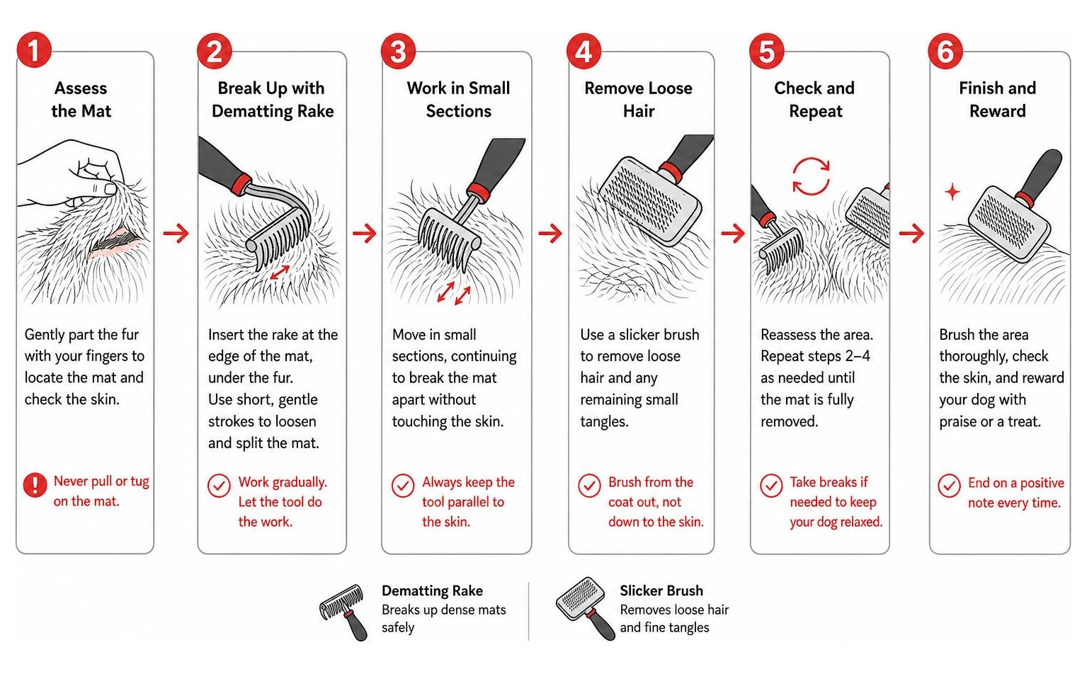 A step-by-step diagram of how a groomer safely demats a coat using a rake and slicker brush A step-by-step diagram of how a groomer safely demats a coat using a rake and slicker brush