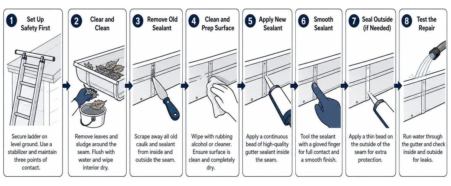 Step-by-step process for repairing a dripping gutter seam