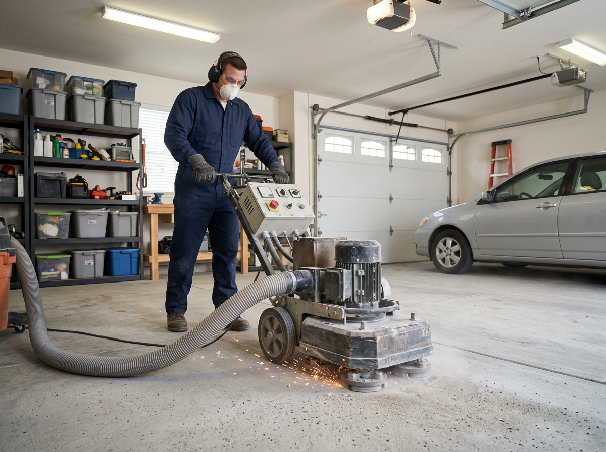 Technician operating a heavy-duty diamond grinding machine on concrete