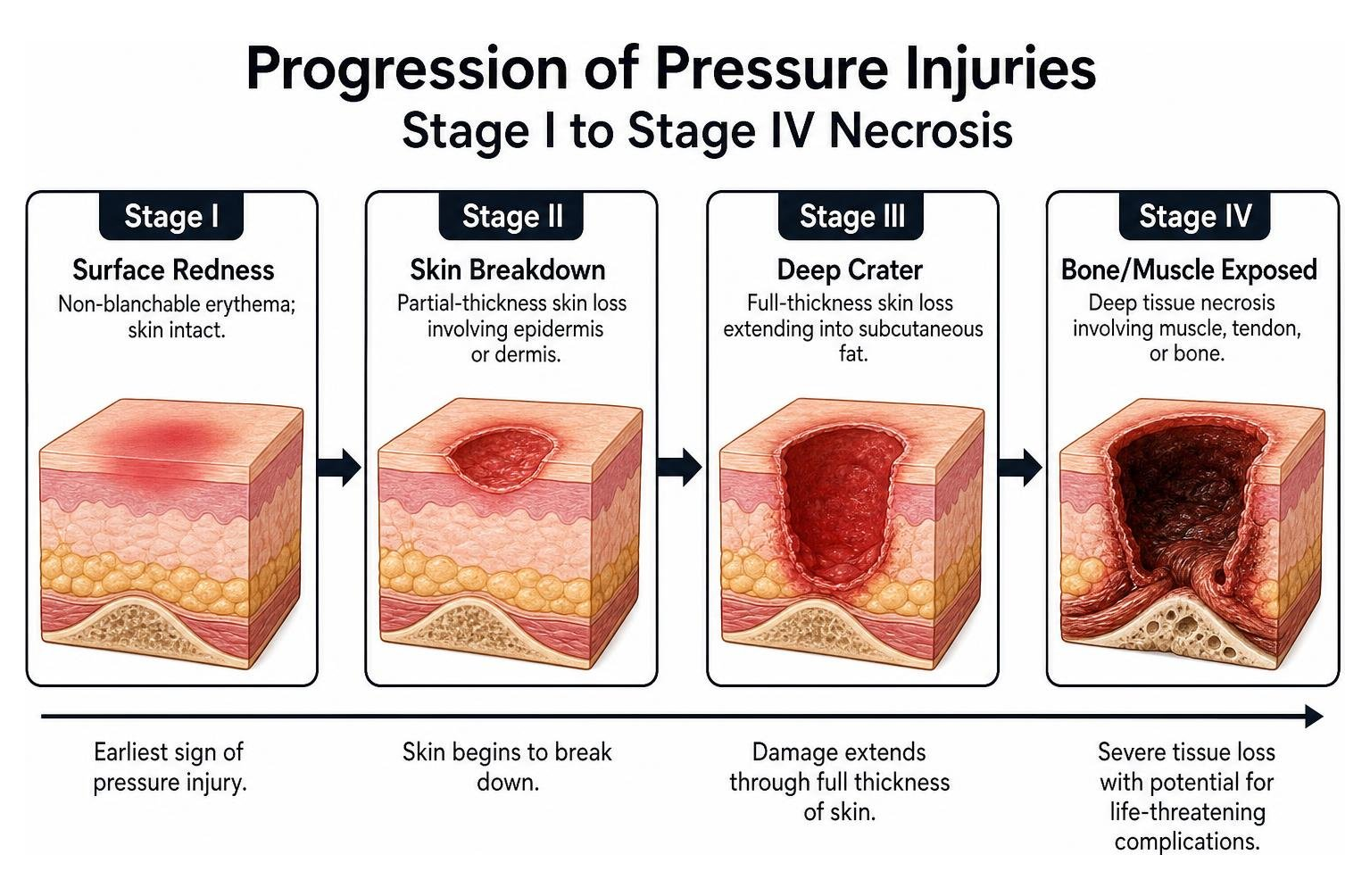 Progression of pressure injuries from Stage I to Stage IV necrosis