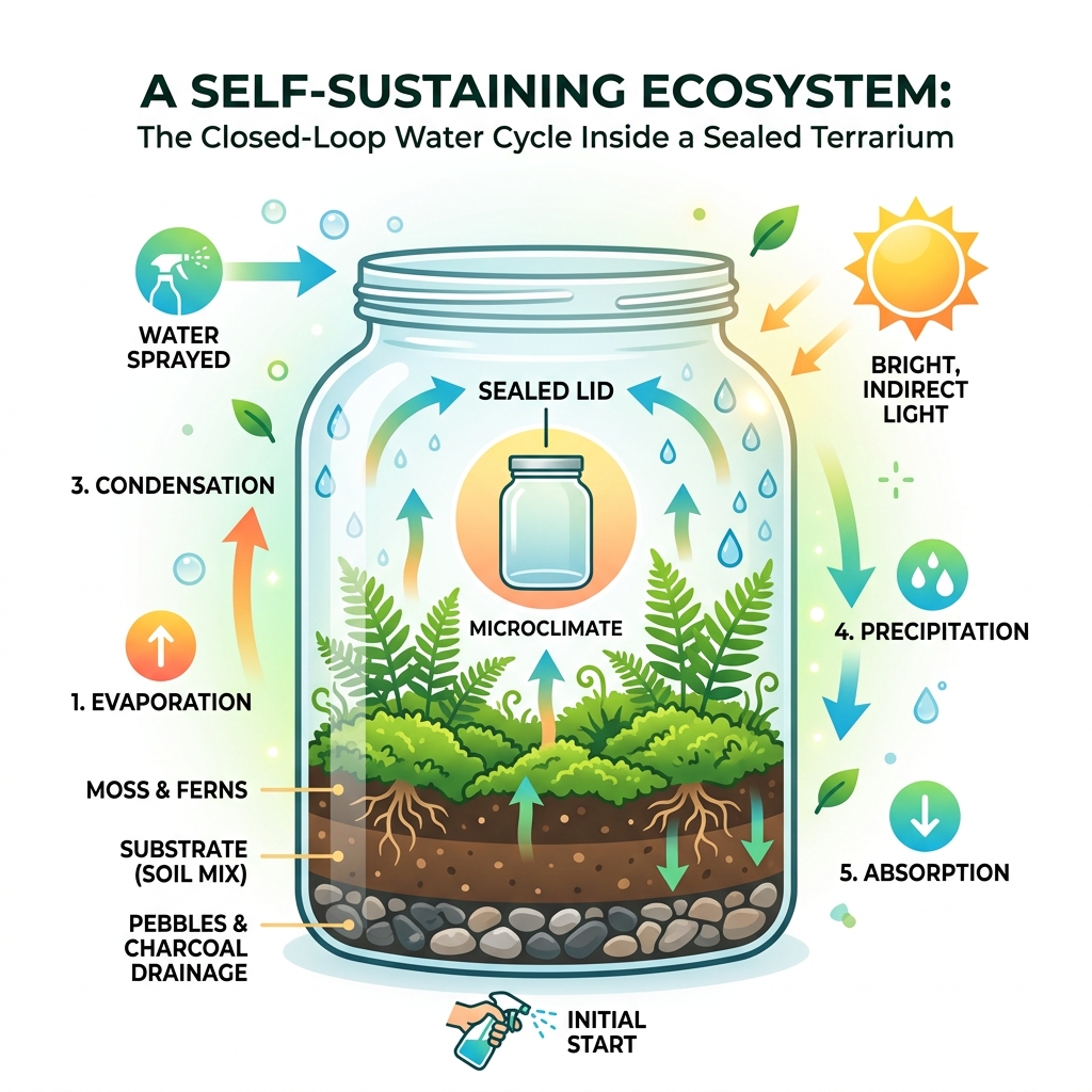 Infographic showing closed-loop water cycle inside a sealed moss and fern terrarium - moss and fern terrarium infographic 