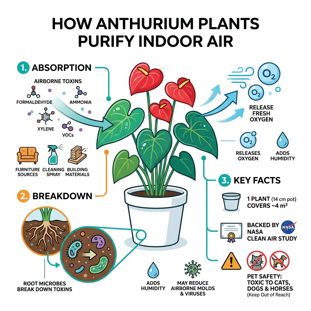 Infographic showing how Anthurium plants filter indoor air toxins and improve air quality - anthurium air purifier Infographic showing how Anthurium plants filter indoor air toxins and improve air quality - anthurium air purifier