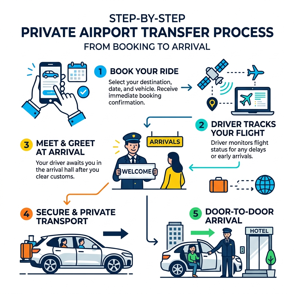 Step-by-step private airport transfer process from booking to arrival - private airport transfer infographic 