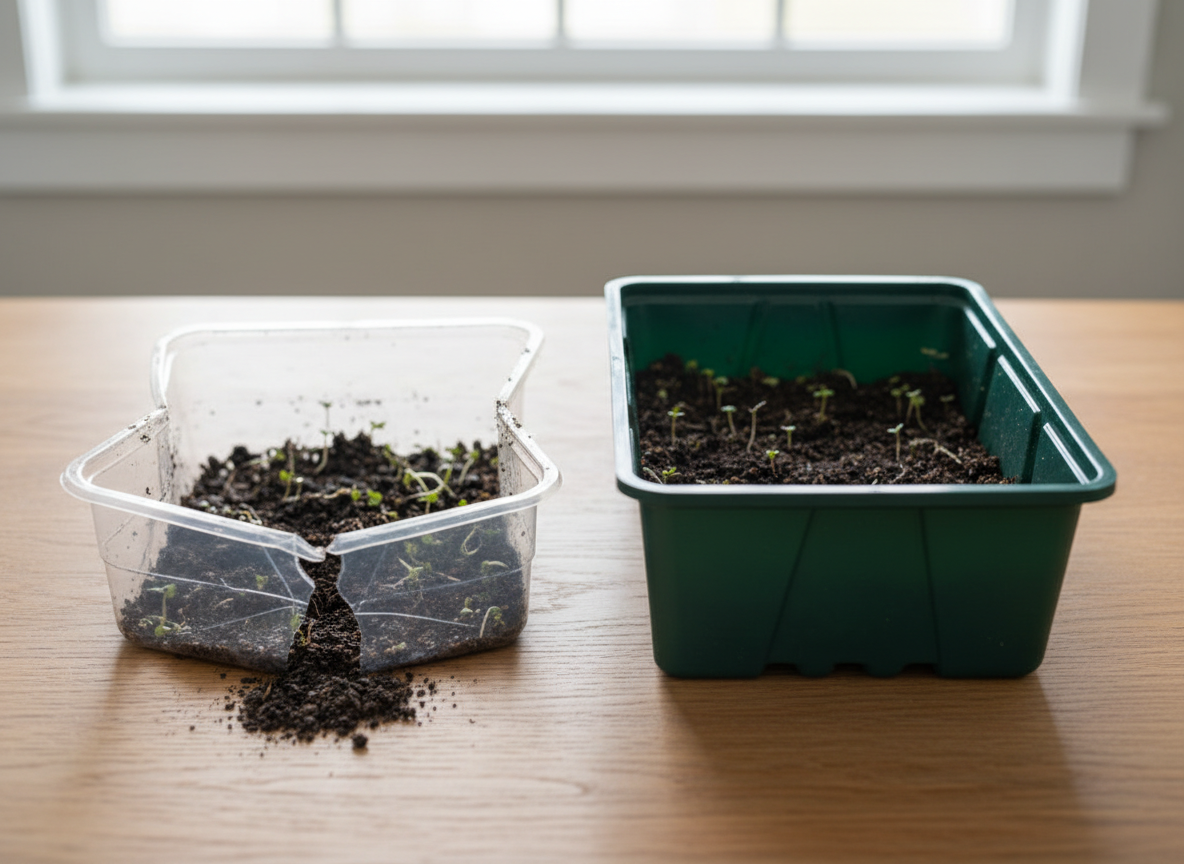Comparison of flimsy retail trays vs. heavy-duty professional trays - best trays for microgreens