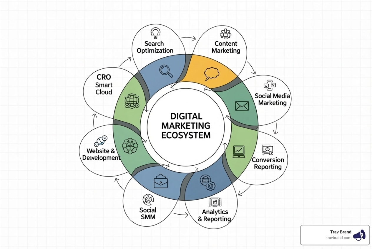 wheel diagram showing interconnected marketing services like SEO, PPC, and Social Media - internet marketing services