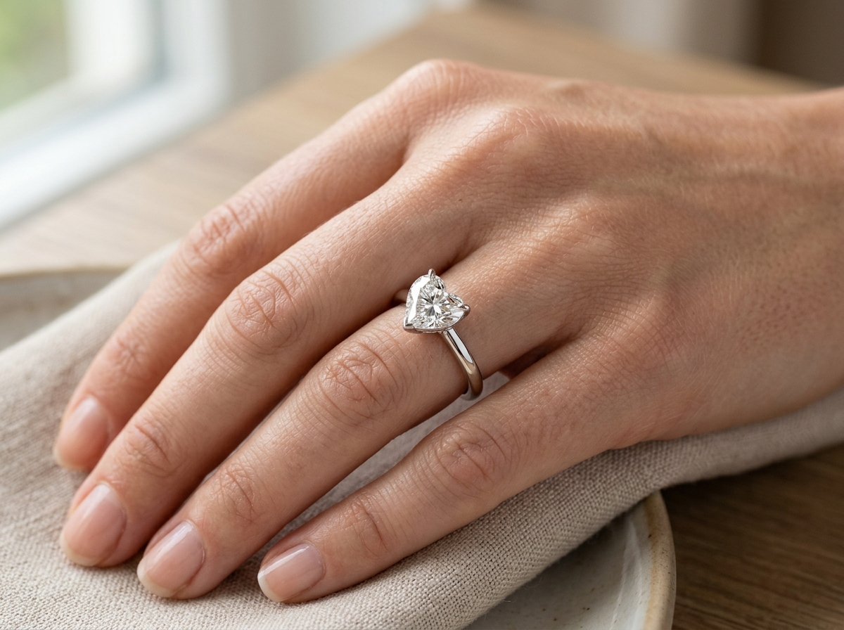 A 1 carat heart shaped diamond solitaire ring on a finger showing its visual scale - 1 carat heart shaped diamond solitaire A 1 carat heart shaped diamond solitaire ring on a finger showing its visual scale - 1 carat heart shaped diamond solitaire