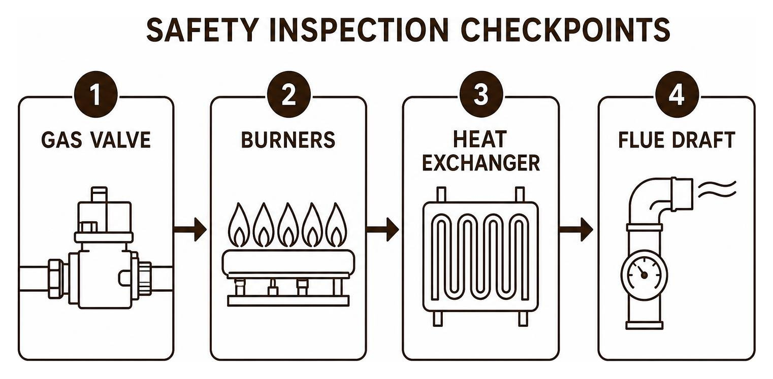 Safety inspection checkpoints diagram showing gas valve, burners, heat exchanger, and flue draft