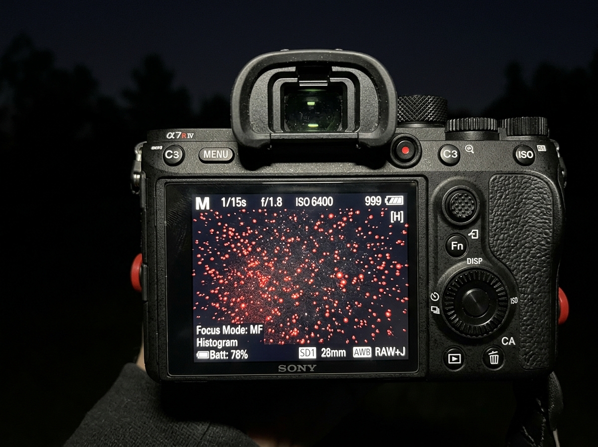 Camera LCD screen showing bright red focus peaking highlights on a field of stars - focus peaking night stars