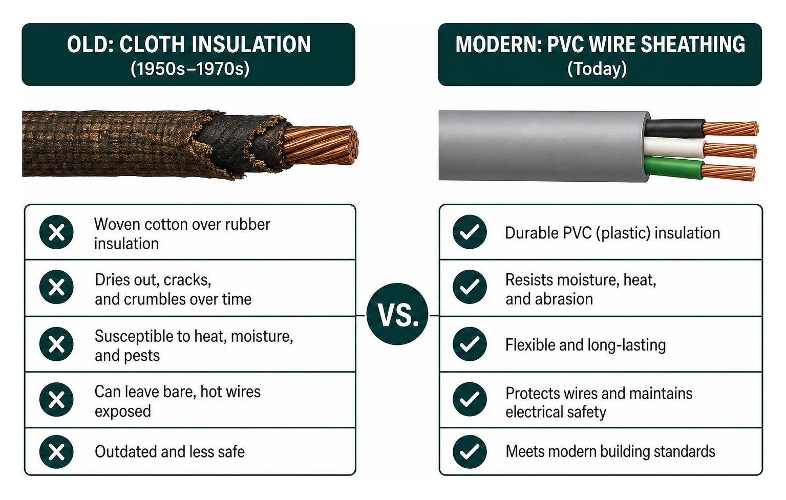 Comparison of old cloth insulation vs modern PVC wire sheathing