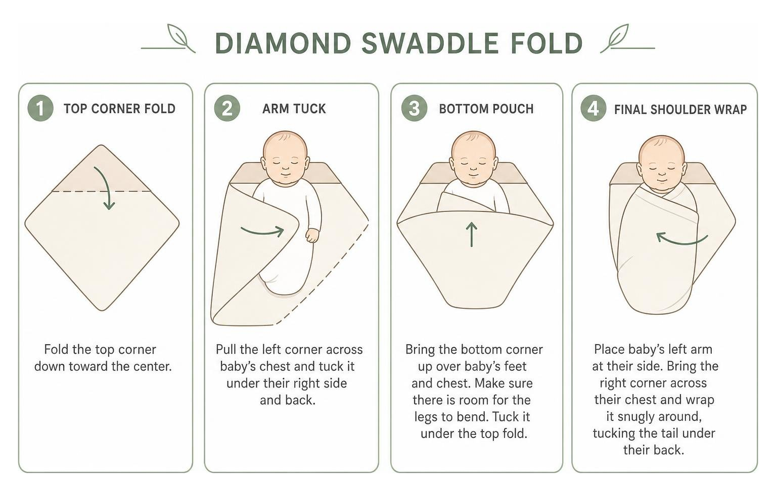 Diagram: Step-by-step diamond swaddle fold showing top corner fold, arm tuck, bottom pouch, and final shoulder wrap