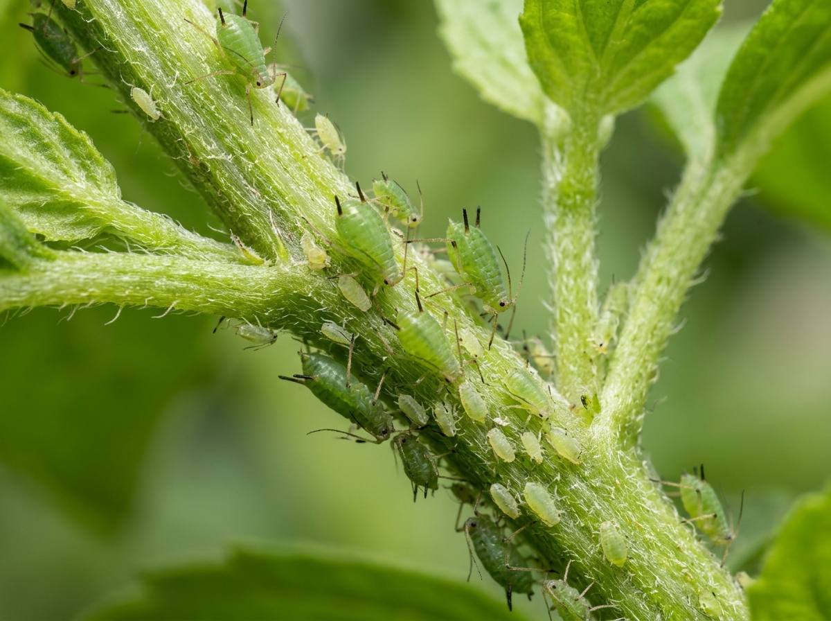 Close up of aphid cornicles and nymphs on a plant stem - herb garden aphid killer