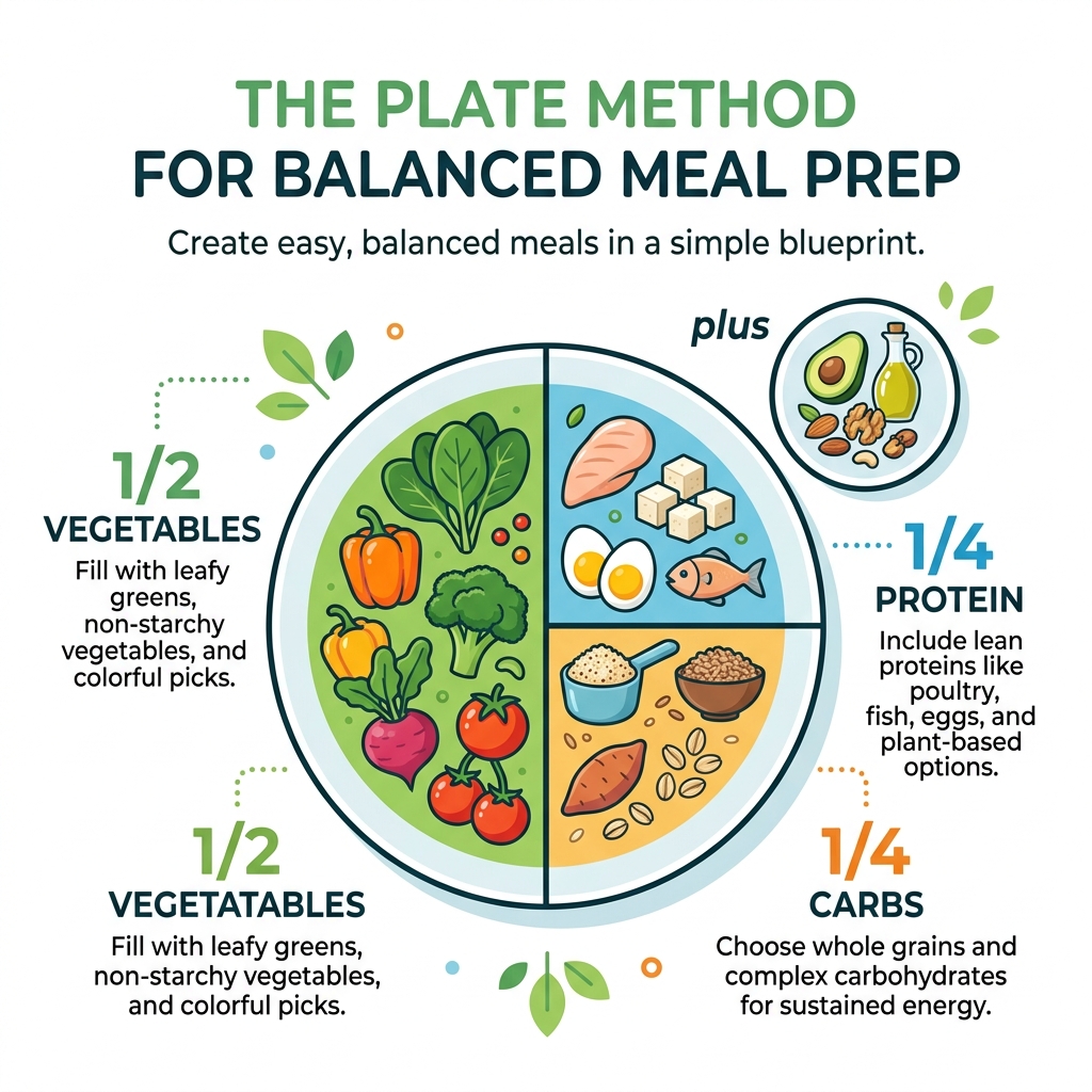 Infographic showing the Plate Method for balanced meal prep: half vegetables, quarter protein, quarter carbs, plus healthy Infographic showing the Plate Method for balanced meal prep: half vegetables, quarter protein, quarter carbs, plus healthy
