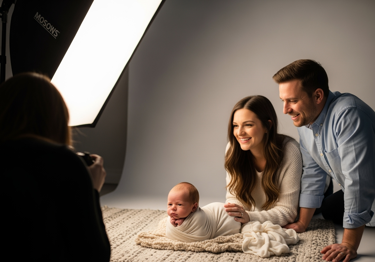 Parents smiling and watching the photographer gently pose their newborn baby - how to prepare for a newborn photoshoot