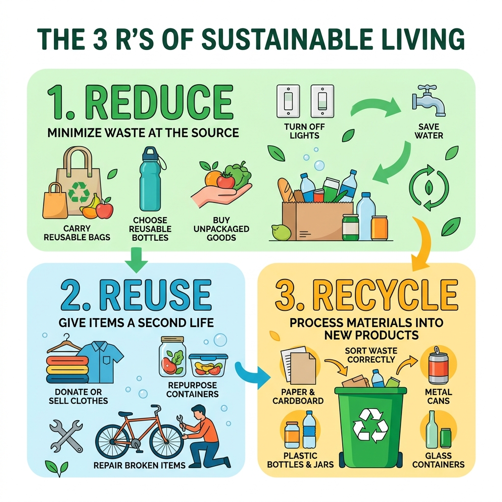 Infographic showing the 3 R's: Reduce, Reuse, Recycle with examples for each - what are eco friendly habits infographic 