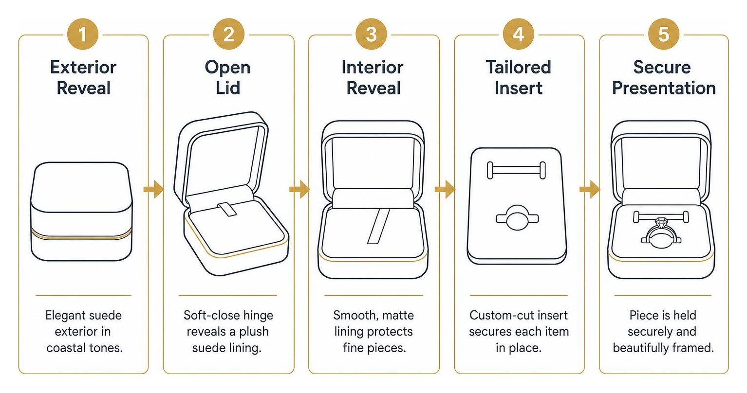 Jewelry box unboxing process from exterior reveal to tailored insert
