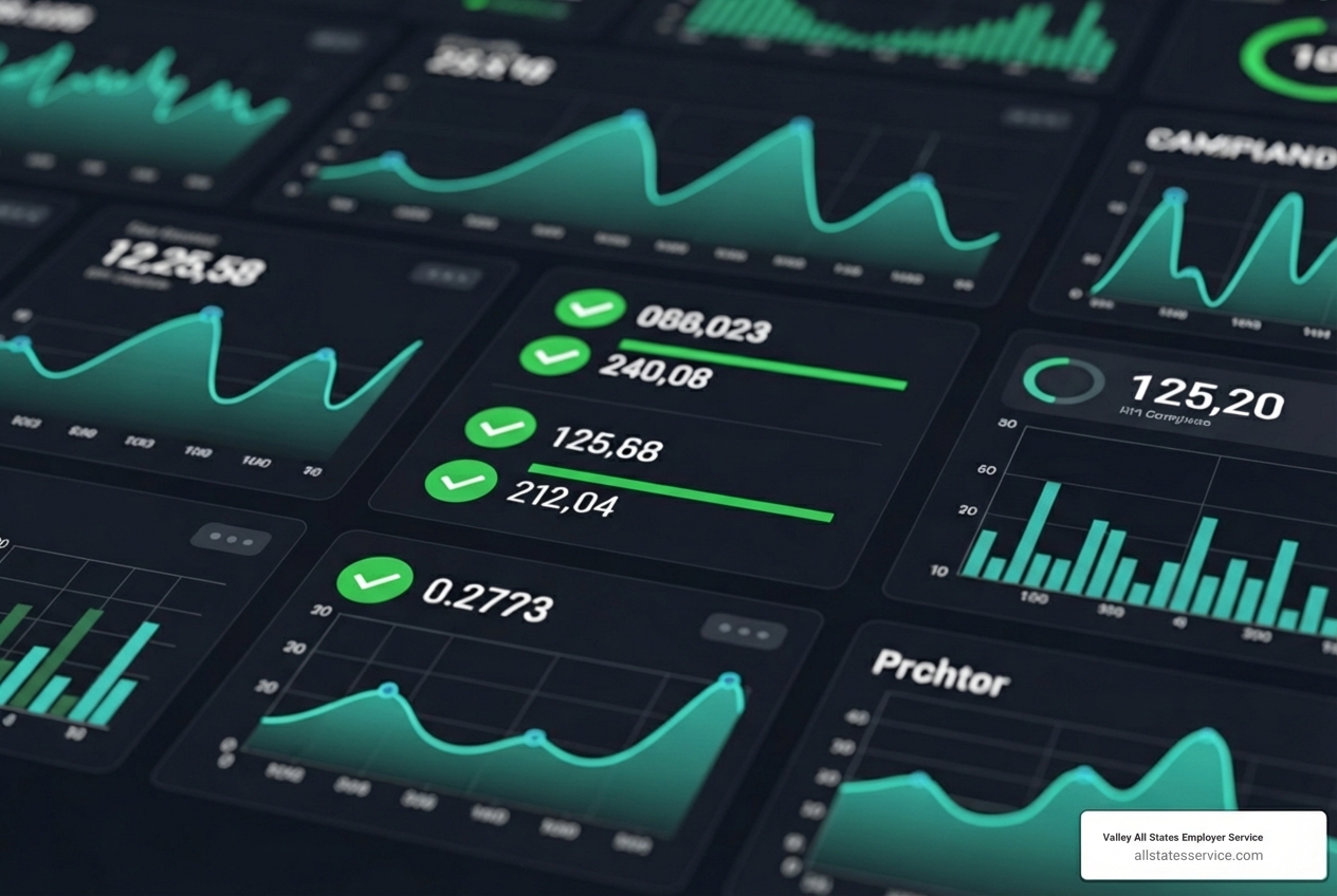clean digital dashboard showing green checkmarks for compliance status - workforce compliance software