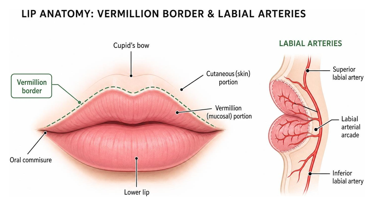Anatomical diagram of the lip showing the vermillion border and labial arteries Anatomical diagram of the lip showing the vermillion border and labial arteries