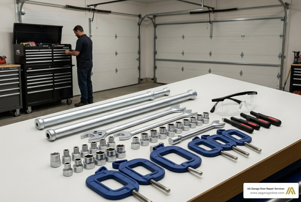 Necessary tools laid out: winding bars, socket wrench set, C-clamps, and safety glasses - garage door cable tension Necessary tools laid out: winding bars, socket wrench set, C-clamps, and safety glasses - garage door cable tension