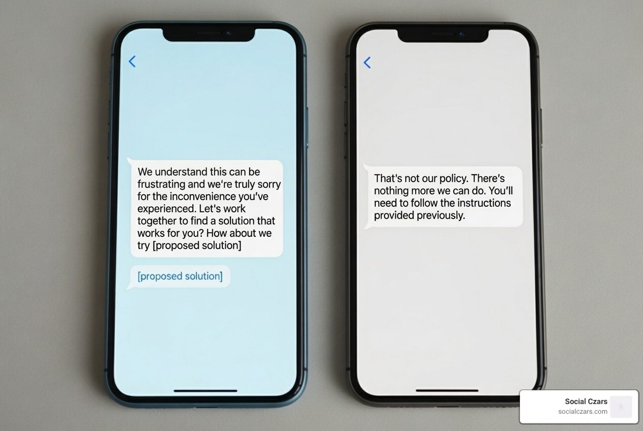 Two phones side by side, one showing a positive, empathetic response to a customer complaint, the other showing a dismissive, negative response - online reputation management social media Two phones side by side, one showing a positive, empathetic response to a customer complaint, the other showing a dismissive, negative response - online reputation management social media