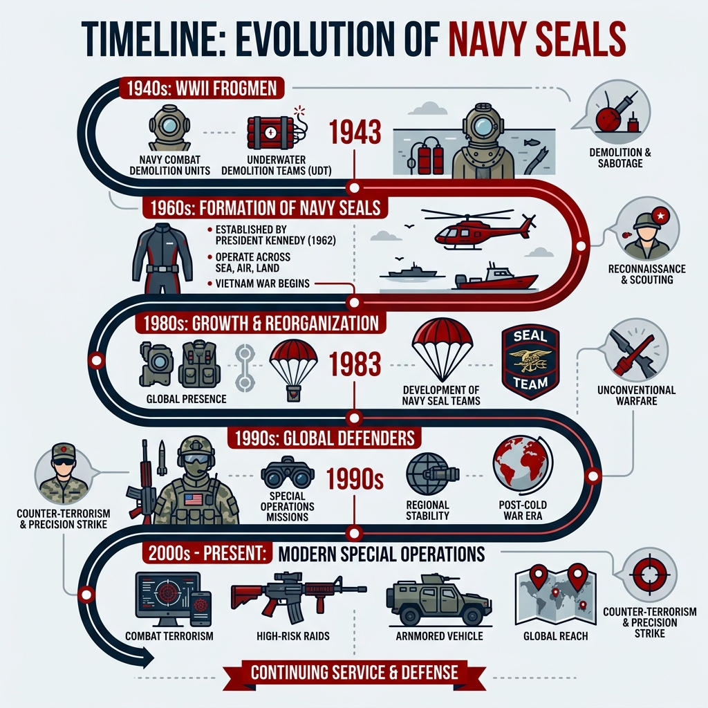 Timeline infographic showing evolution of Navy SEALs from WWII frogmen to modern global defenders - 5 Navy SEALs That Timeline infographic showing evolution of Navy SEALs from WWII frogmen to modern global defenders - 5 Navy SEALs That