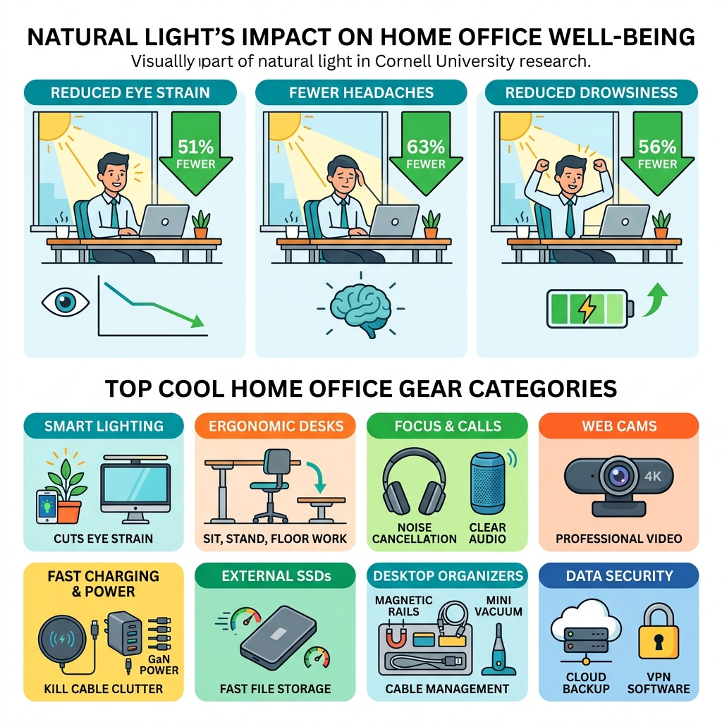 Infographic: natural light impact on eye strain, headaches, drowsiness; top cool home office gear categories - cool things