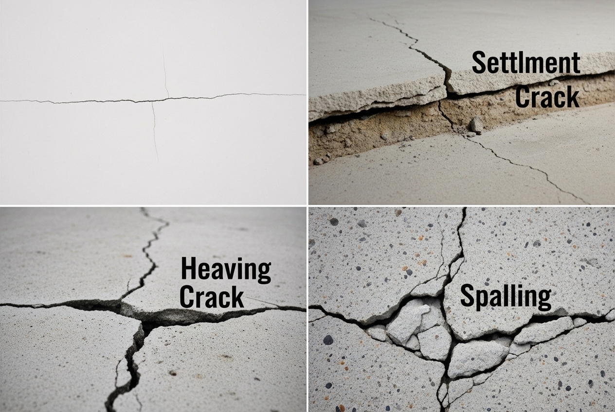 collage showing hairline, settlement, heaving, and spalling cracks - cracks in basement floor collage showing hairline, settlement, heaving, and spalling cracks - cracks in basement floor