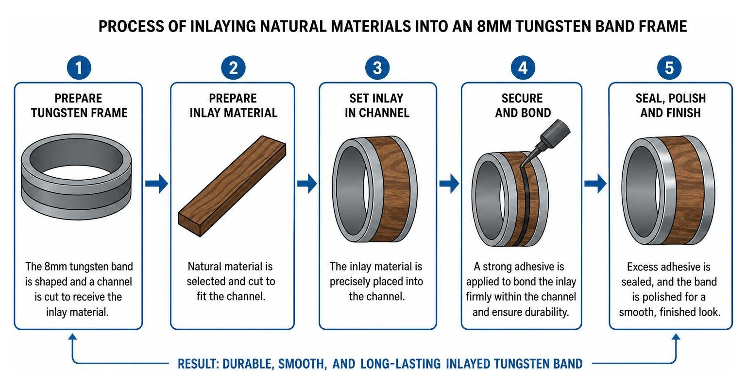 Process of inlaying natural materials into an 8mm tungsten band frame Process of inlaying natural materials into an 8mm tungsten band frame