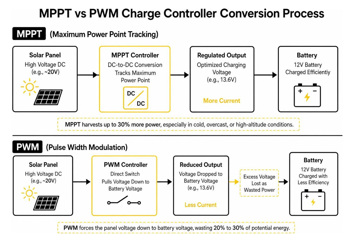 MPPT vs PWM charge controller conversion process MPPT vs PWM charge controller conversion process