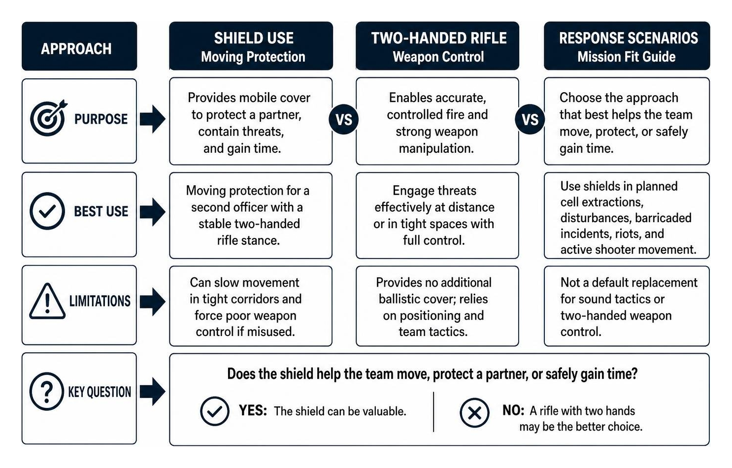 Infographic comparing shield use, two-handed rifle control, and corrections response scenarios