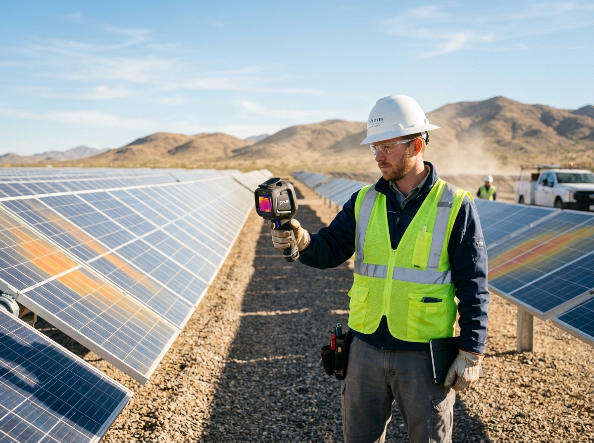 technician using a thermal imaging camera on solar panels - solar operations and maintenance companies