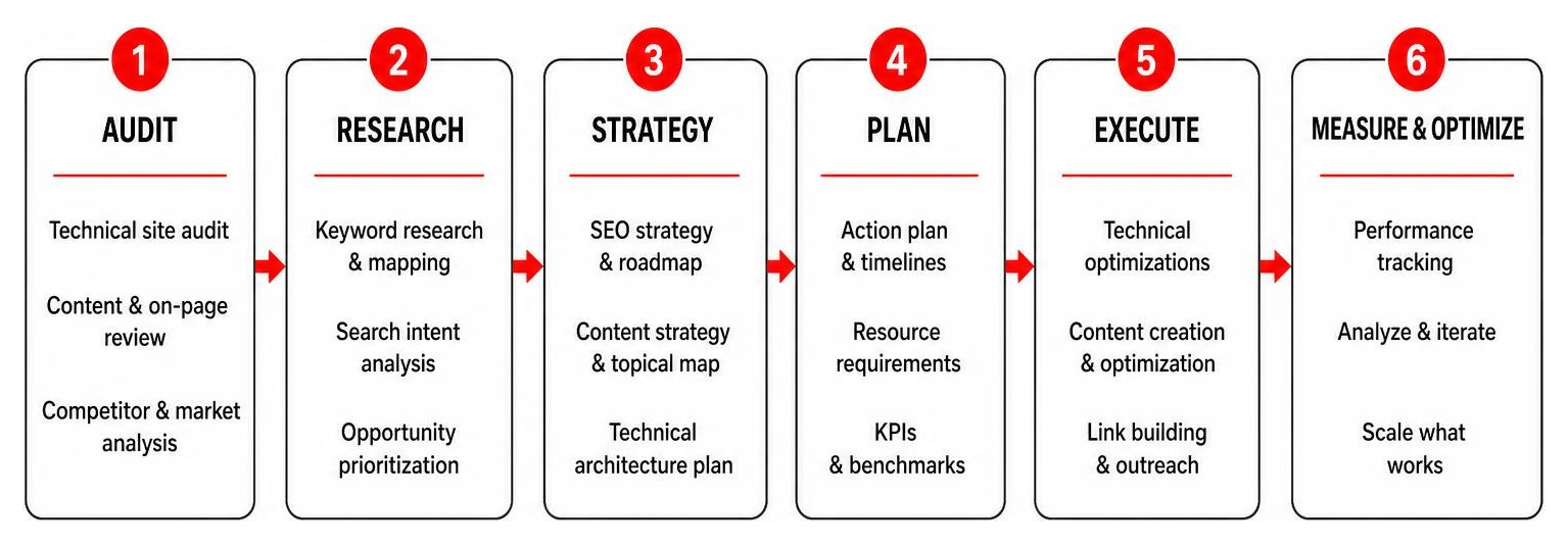 Step-by-step process of a search engine consulting roadmap from audit to execution Step-by-step process of a search engine consulting roadmap from audit to execution
