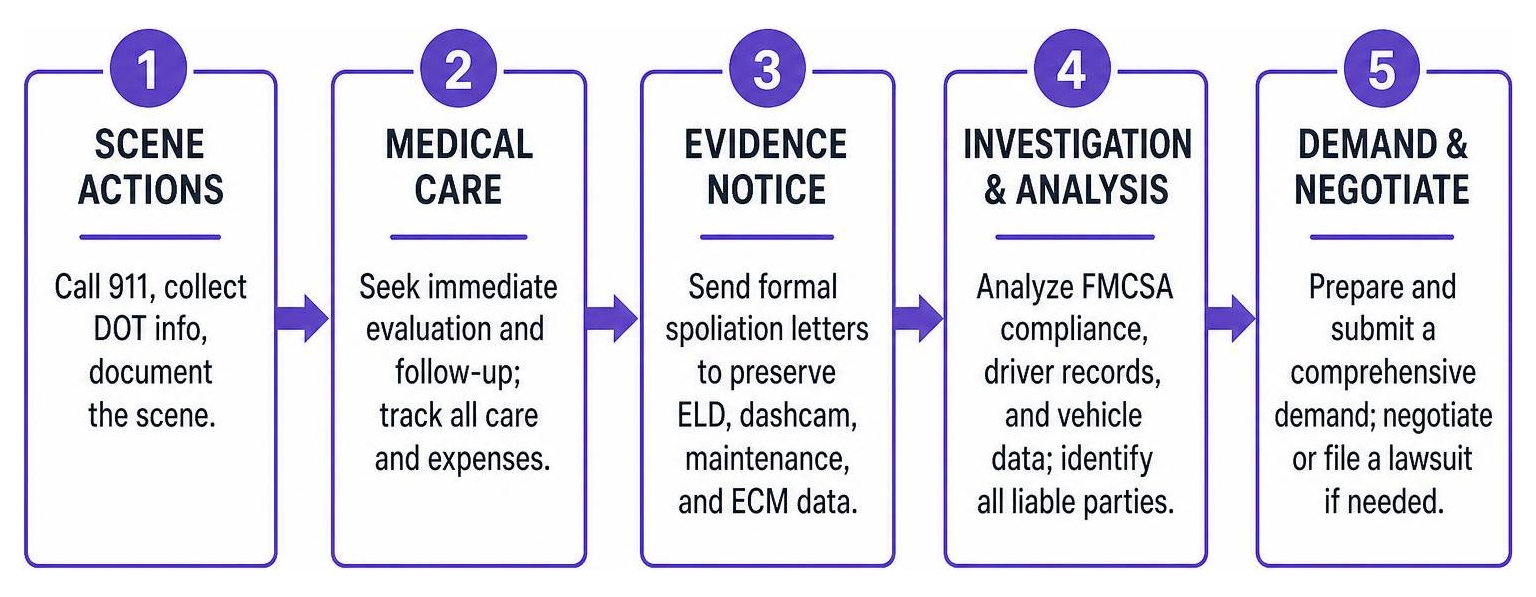 Diagram outlining the five-stage semi truck accident claim timeline