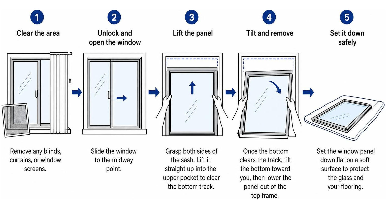 Step-by-step process of safely removing a sliding window sash from its frame