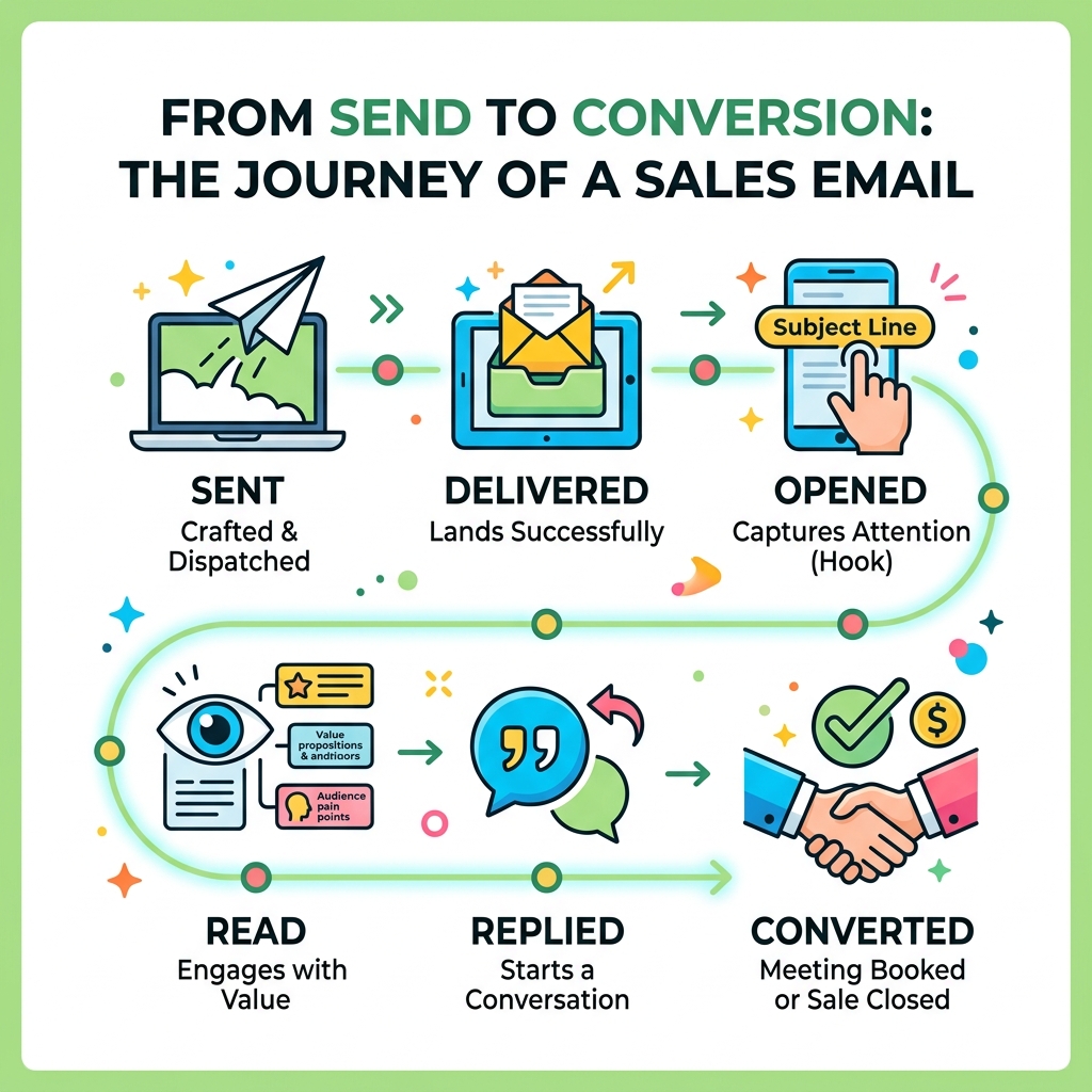 The journey of an email from send to conversion - sales email copywriting infographic The journey of an email from send to conversion - sales email copywriting infographic