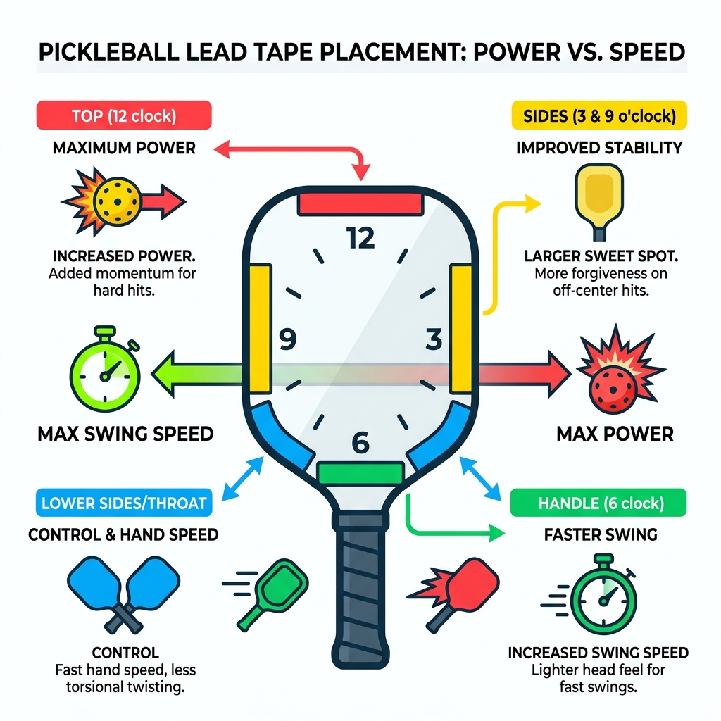 Infographic showing pickleball paddle lead tape placement zones and their effects on swing speed vs. power - pickleball