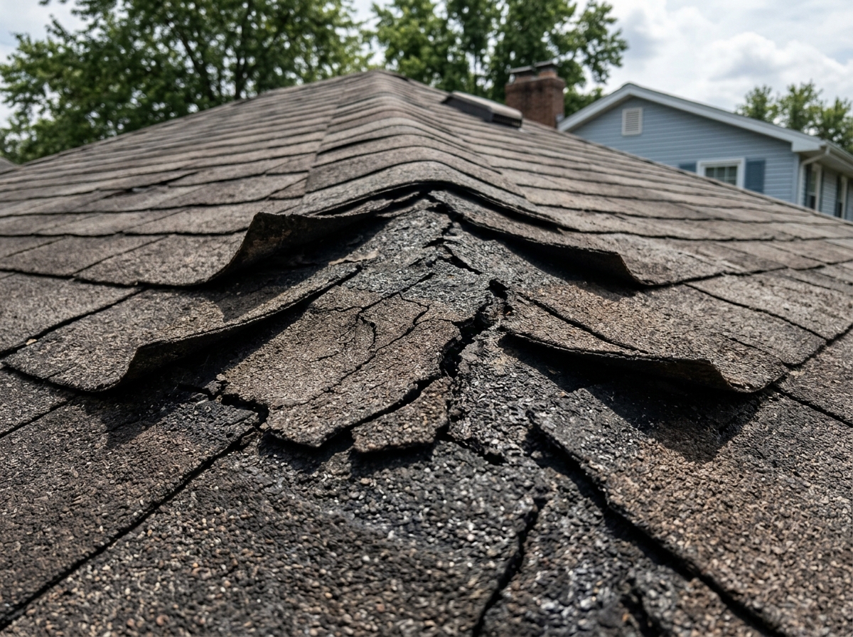 Close-up of curled and cracked asphalt shingles showing significant granule loss - replace roofing shingles