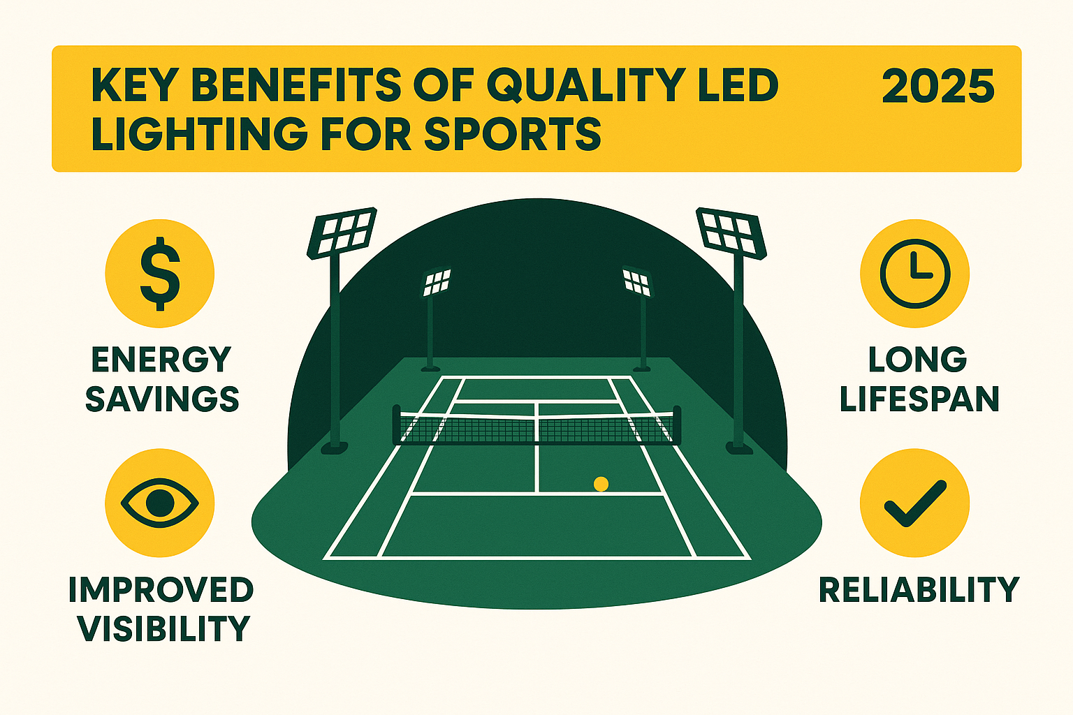key benefits of quality LED lighting for sports - tennis court lighting design infographic