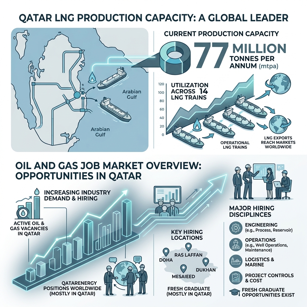 Qatar LNG production capacity and oil and gas job market overview infographic - oil and gas vacancies in qatar infographic 