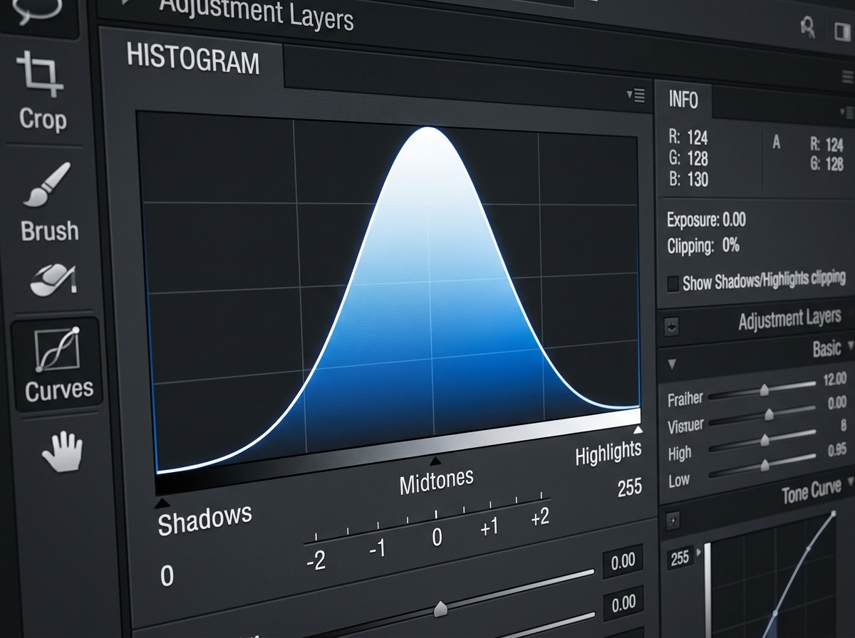 Histogram showing a balanced tonal range with no clipping on either side - photo editing basics